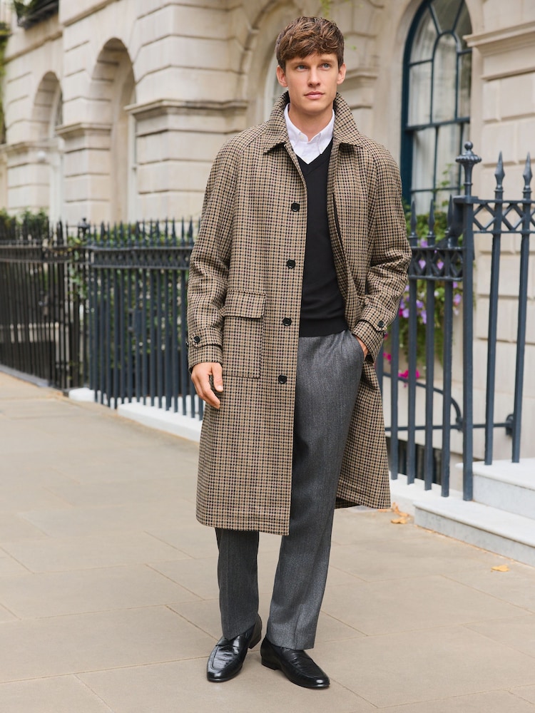 Neutral Wool Rich Italian Fabric Dogtooth Check Mac - Image 2 of 9 Neutral Wool Rich Italian Fabric Dogtooth Check Mac - Image 2 of 9