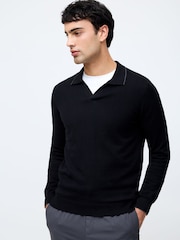 French Connection Black 100% Cotton Trophy Knit Long Sleeve Open Collar Polo Top - Image 1 of 4