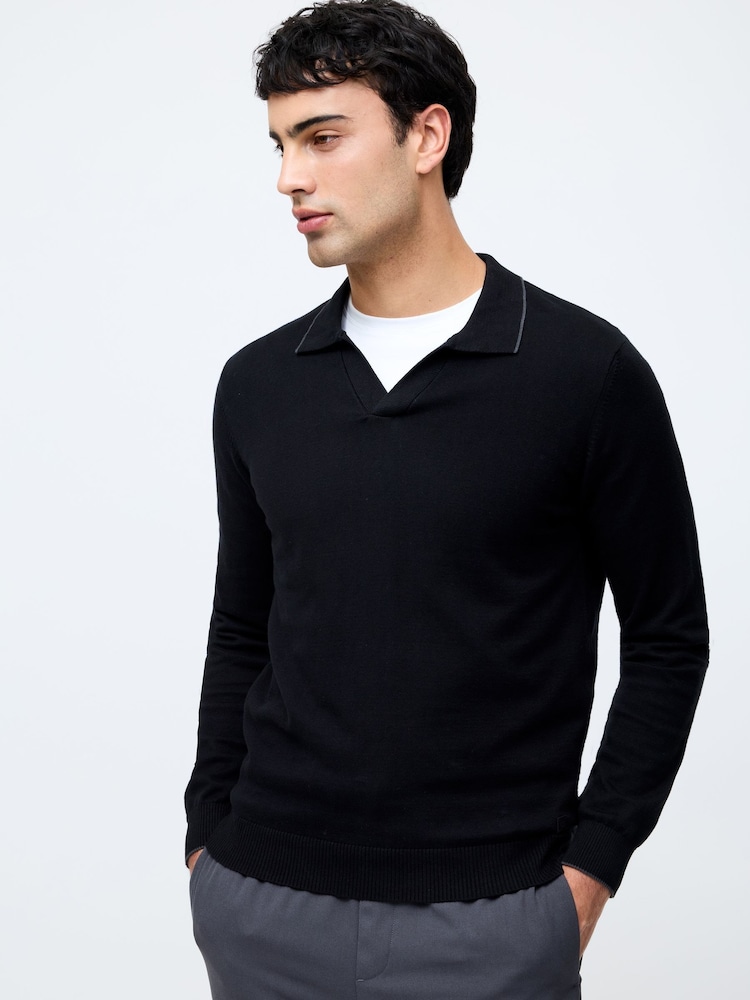 French Connection Black 100% Cotton Trophy Knit Long Sleeve Open Collar Polo Top - Image 1 of 4 French Connection Black 100% Cotton Trophy Knit Long Sleeve Open Collar Polo Top - Image 1 of 4