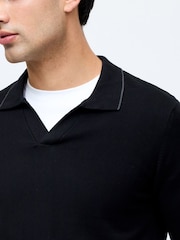 French Connection Black 100% Cotton Trophy Knit Long Sleeve Open Collar Polo Top - Image 3 of 4
