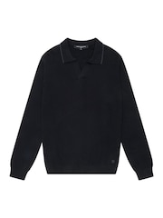 French Connection Black 100% Cotton Trophy Knit Long Sleeve Open Collar Polo Top - Image 4 of 4