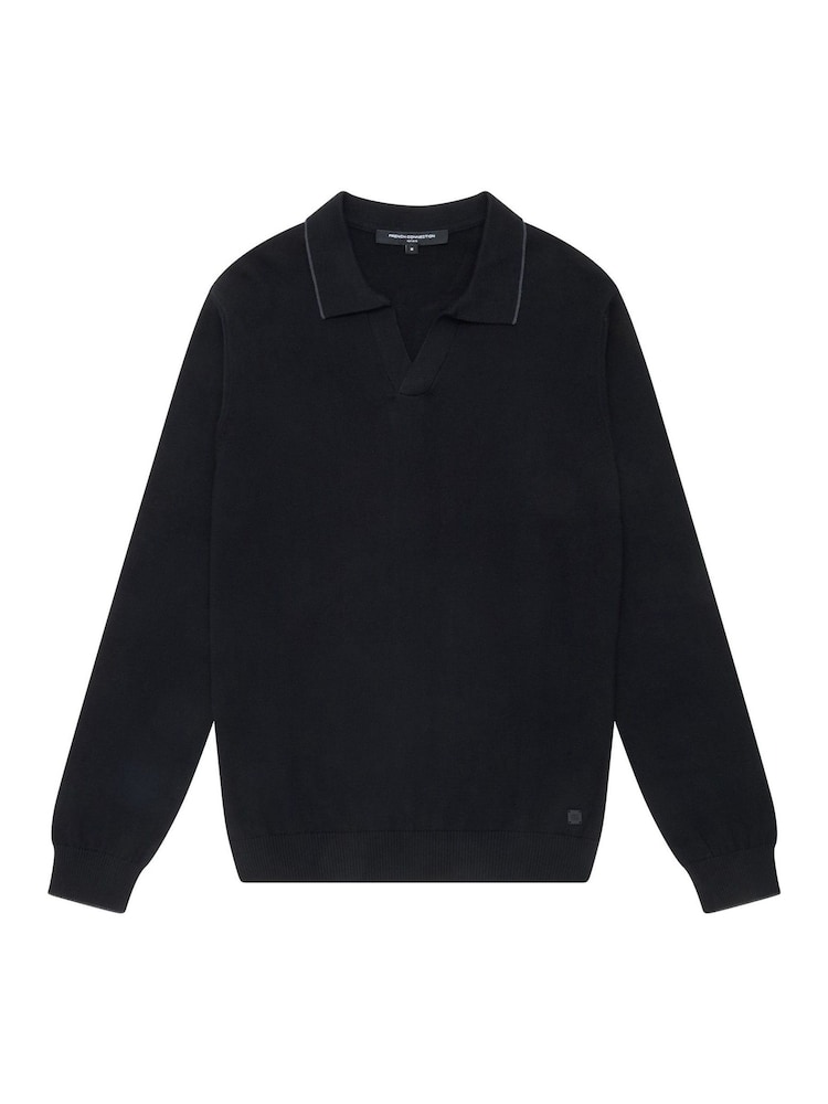 French Connection Black 100% Cotton Trophy Knit Long Sleeve Open Collar Polo Top - Image 4 of 4
