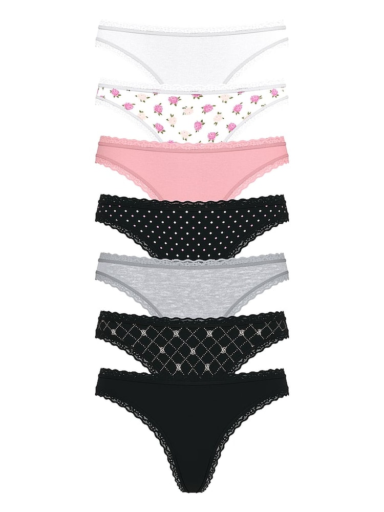 Victoria's Secret White/Pink/Black/Grey Thong 7 Pack Lace Trim Knickers - Image 1 of 2