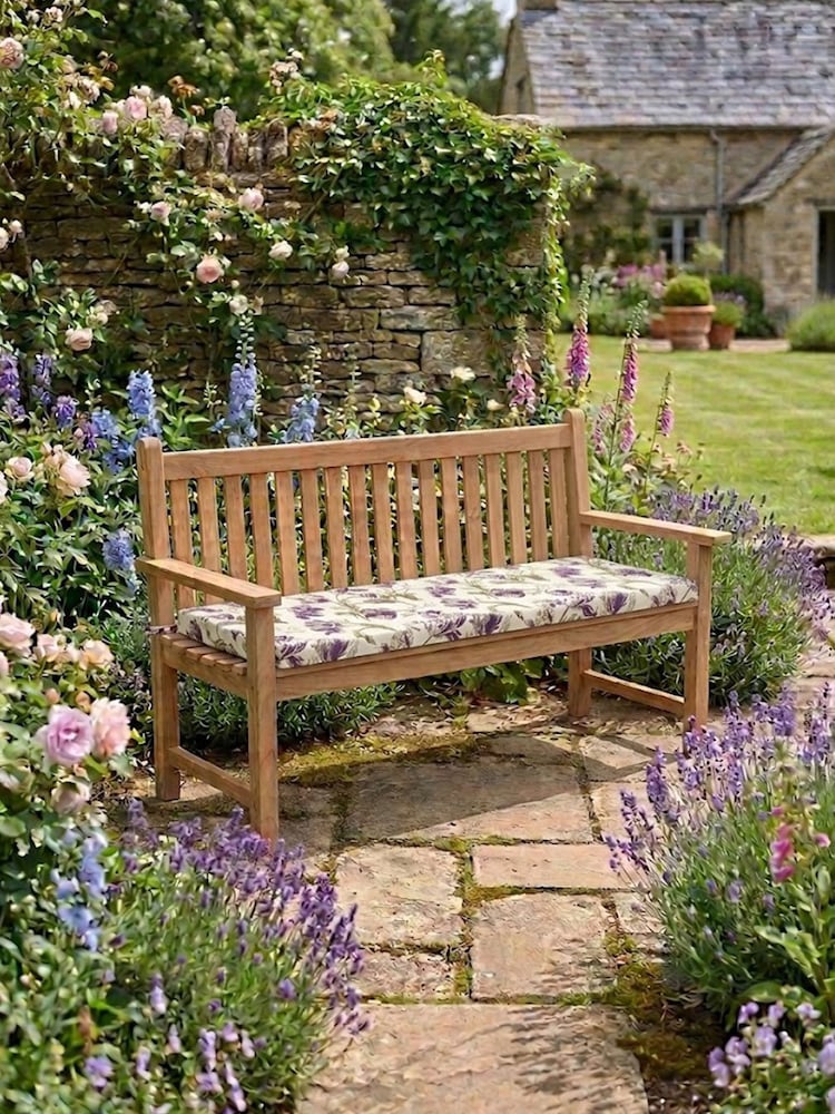 Laura Ashley Natural Salcey Garden Teak Bench with Gosford Plum Cushions - Image 1 of 4 Laura Ashley Natural Salcey Garden Teak Bench with Gosford Plum Cushions - Image 1 of 4