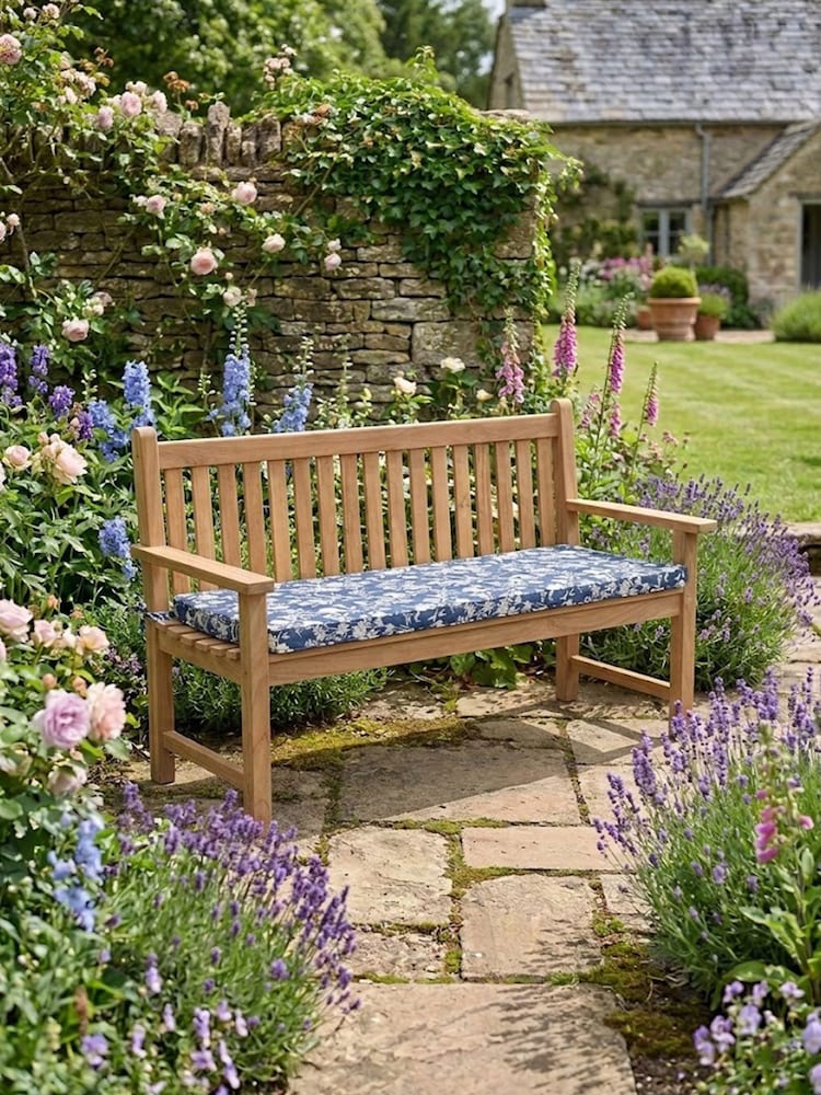 Laura Ashley Natural Salcey Garden Teak Bench with Rye Midnight Cushions - Image 1 of 4 Laura Ashley Natural Salcey Garden Teak Bench with Rye Midnight Cushions - Image 1 of 4