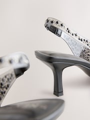 Black Forever Comfort® Point Toe Vinyl Jewel Detail Sling Back Heels - Image 10 of 10