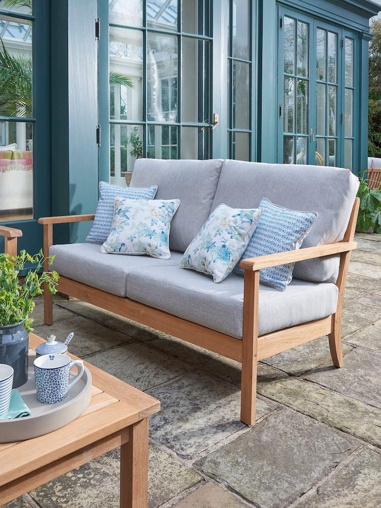 Laura Ashley Natural Salcey Garden Teak 2 Seater Sofa Saunton Cushions - Image 1 of 3