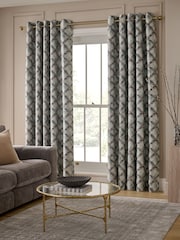 Blue Abstract Geometric Jacquard Eyelet Lined Curtains - Image 1 of 5