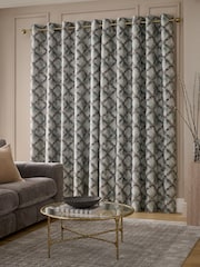 Blue Abstract Geometric Jacquard Eyelet Lined Curtains - Image 2 of 5