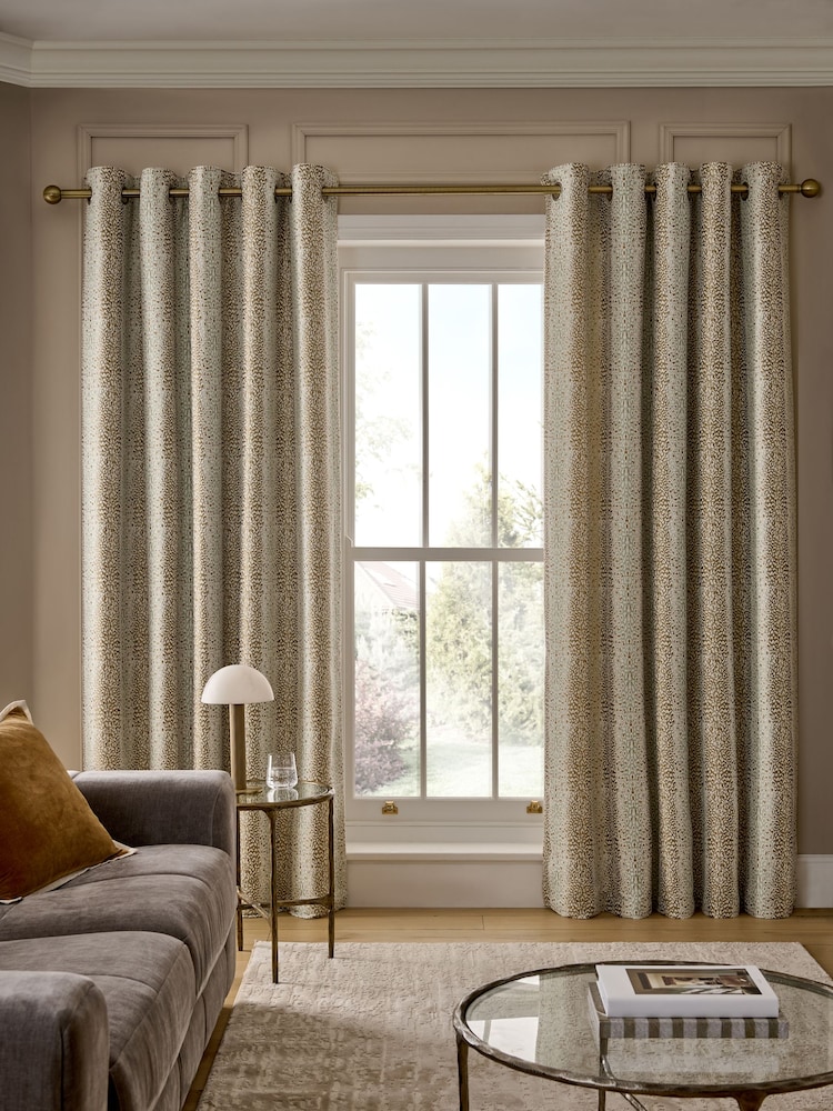 Duck Egg Blue/Gold Jacquard Eyelet Lined Curtains - Image 2 of 5 Duck Egg Blue/Gold Jacquard Eyelet Lined Curtains - Image 2 of 5