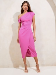 Lipsy Pink Off The Shoulder Gathered Waist Midi Dress - Image 1 of 4