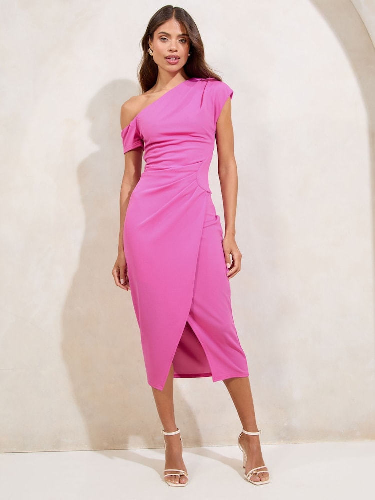 Lipsy Pink Off The Shoulder Gathered Waist Midi Dress - Image 1 of 4