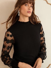 Black 3D Flower - Love & Roses Mesh Sleeve Knit Jumper - Bild 2 von 4