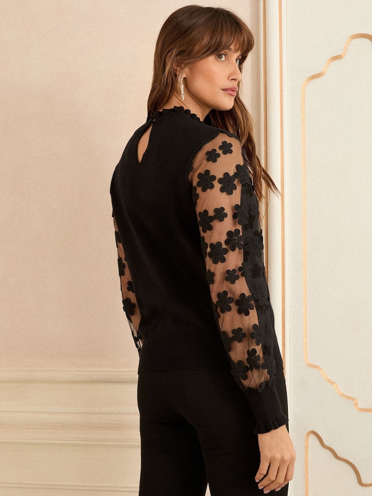 Black 3D Flower - Love & Roses Mesh Sleeve Knit Jumper - Bild 4 von 4