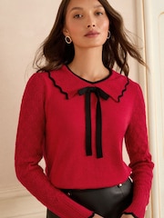 Love & Roses Red Tipped Bow Knitted Collar Jumper - Image 1 of 4