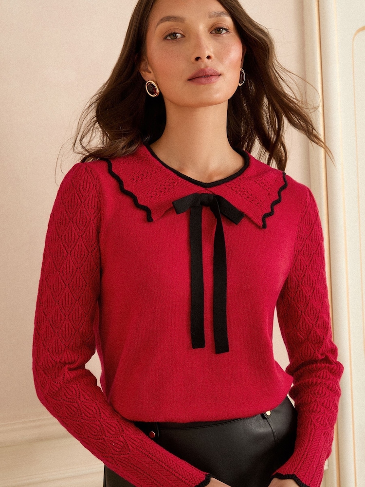 Love & Roses Red Tipped Bow Knitted Collar Jumper - Image 1 of 4