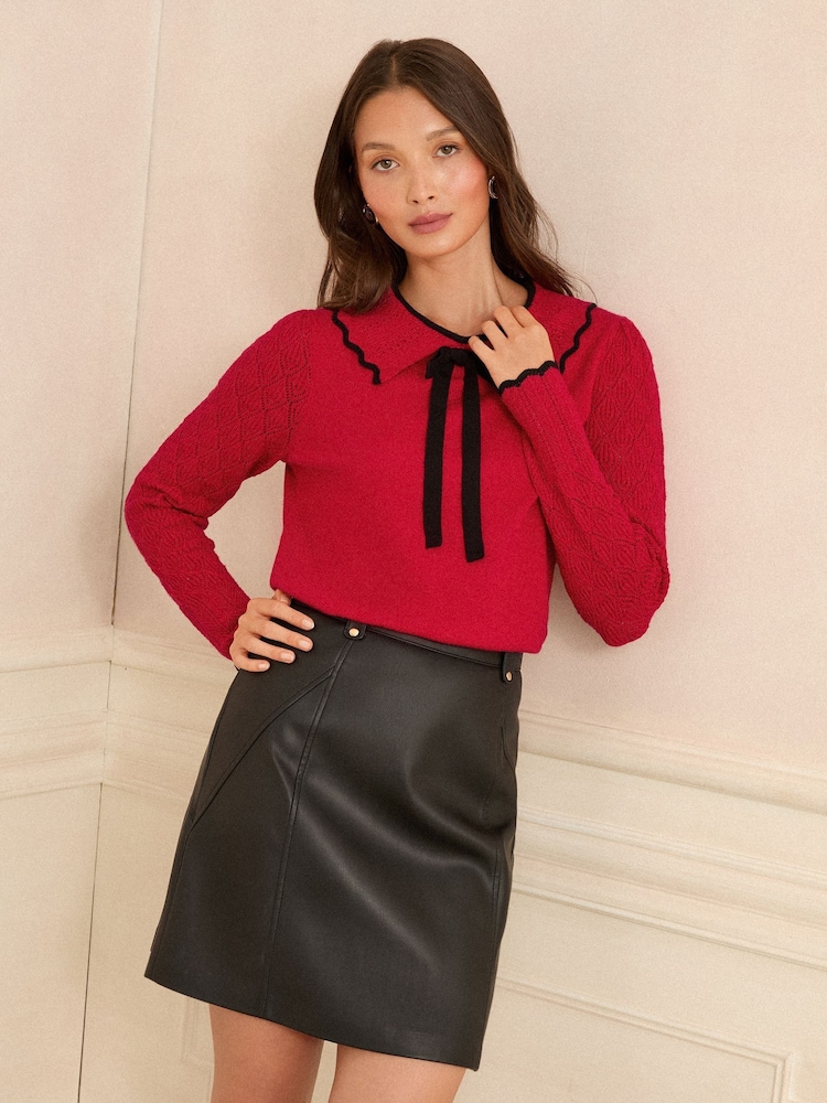 Love & Roses Red Tipped Bow Knitted Collar Jumper - Image 2 of 4