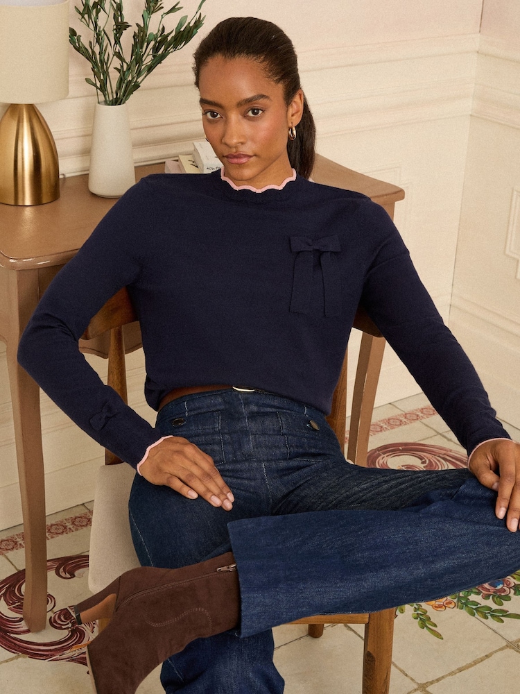 Love & Roses Navy Blue Bow Fine Gauge Knitted Jumper - Image 1 of 4