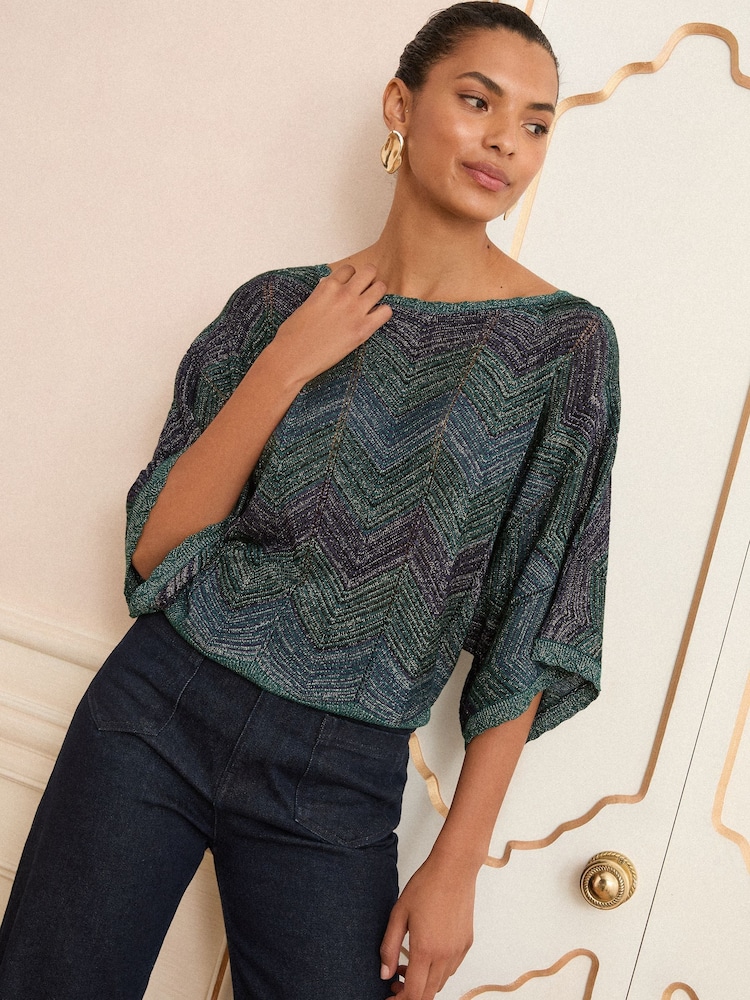 Love & Roses Teal Blue Chevron Wide Neck Lurex Knitted Jumper - Image 1 of 4