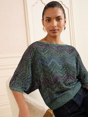 Love & Roses Teal Blue Chevron Wide Neck Lurex Knitted Jumper - Image 2 of 4