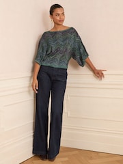 Love & Roses Teal Blue Chevron Wide Neck Lurex Knitted Jumper - Image 3 of 4