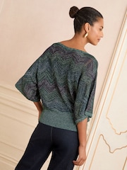 Love & Roses Teal Blue Chevron Wide Neck Lurex Knitted Jumper - Image 4 of 4