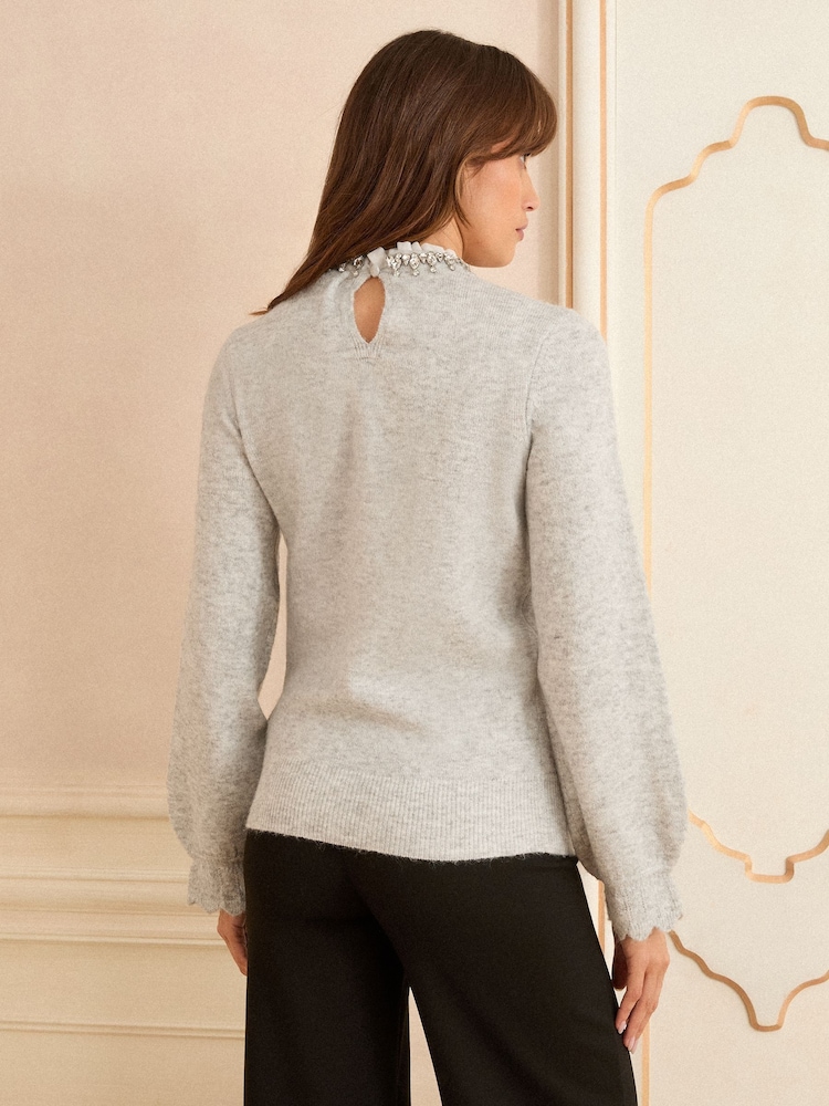 Love & Roses Grey Embellished Neck Knitted Jumper - Image 4 of 4