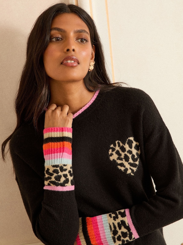 Love & Roses Black Animal Print Heart Crew Neck Cosy Jumper - Image 2 of 4