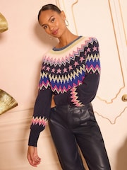 Love & Roses Navy Blue Lurex Fairisle Pattern Crew Neck Cosy Jumper - Image 1 of 4