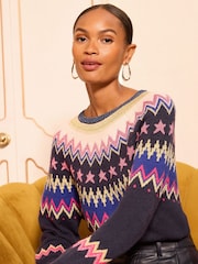 Love & Roses Navy Blue Lurex Fairisle Pattern Crew Neck Cosy Jumper - Image 2 of 4