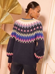 Love & Roses Navy Blue Lurex Fairisle Pattern Crew Neck Cosy Jumper - Image 4 of 4