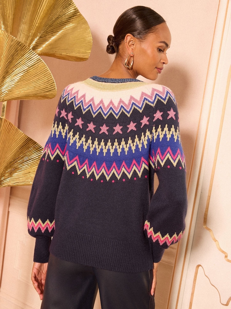 Love & Roses Navy Blue Lurex Fairisle Pattern Crew Neck Cosy Jumper - Image 4 of 4