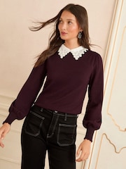 Love & Roses Berry Lace Woven Collar Knit Jumper - Image 1 of 4