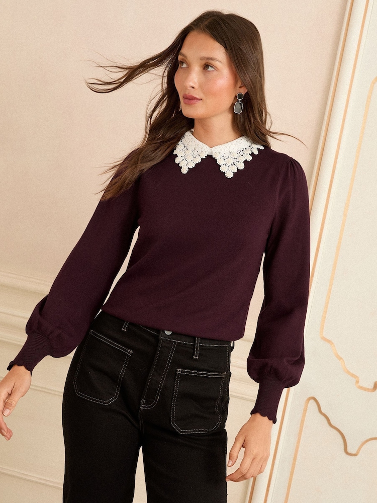 Love & Roses Berry Lace Woven Collar Knit Jumper - Image 1 of 4