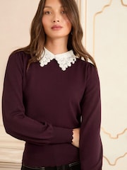 Love & Roses Berry Lace Woven Collar Knit Jumper - Image 2 of 4