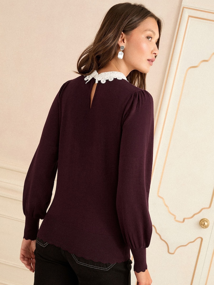 Love & Roses Berry Lace Woven Collar Knit Jumper - Image 4 of 4