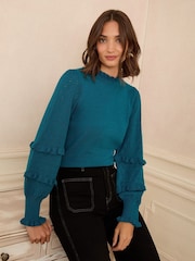 Petrolblau - Love & Roses Frill Sleeve Pointelle Jumper - Bild 1 von 4