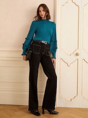 Petrolblau - Love & Roses Frill Sleeve Pointelle Jumper - Bild 3 von 4