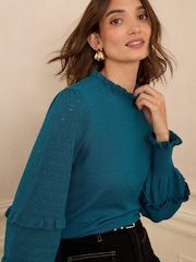 Petrolblau - Love & Roses Frill Sleeve Pointelle Jumper - Bild 4 von 4