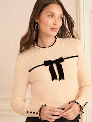 Love & Roses Cream Velvet Bow Crew Neck Pointelle Sleeve Bow Jumper - Image 1 of 4