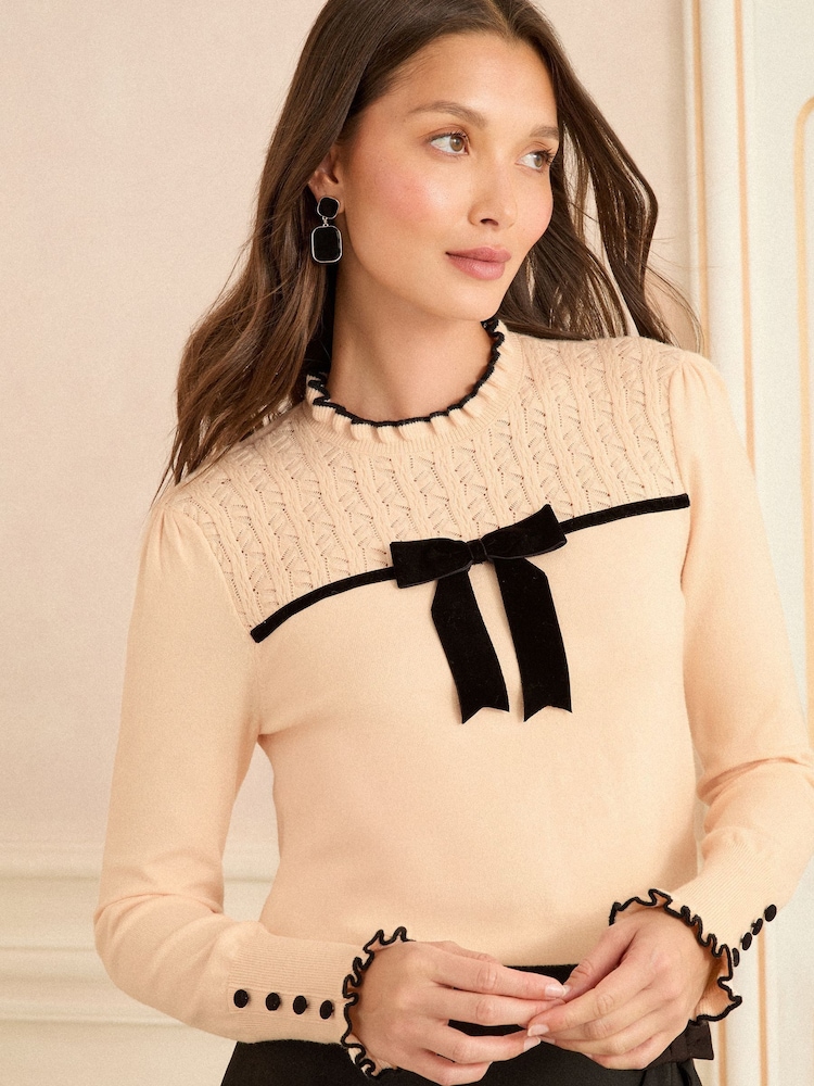 Love & Roses Cream Velvet Bow Crew Neck Pointelle Sleeve Bow Jumper - Image 1 of 4