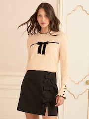 Love & Roses Cream Velvet Bow Crew Neck Pointelle Sleeve Bow Jumper - Image 2 of 4