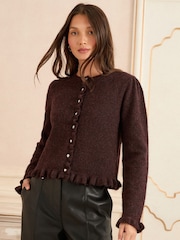 Love & Roses Chocolate Brown Frill Button Cardigan - Image 2 of 4