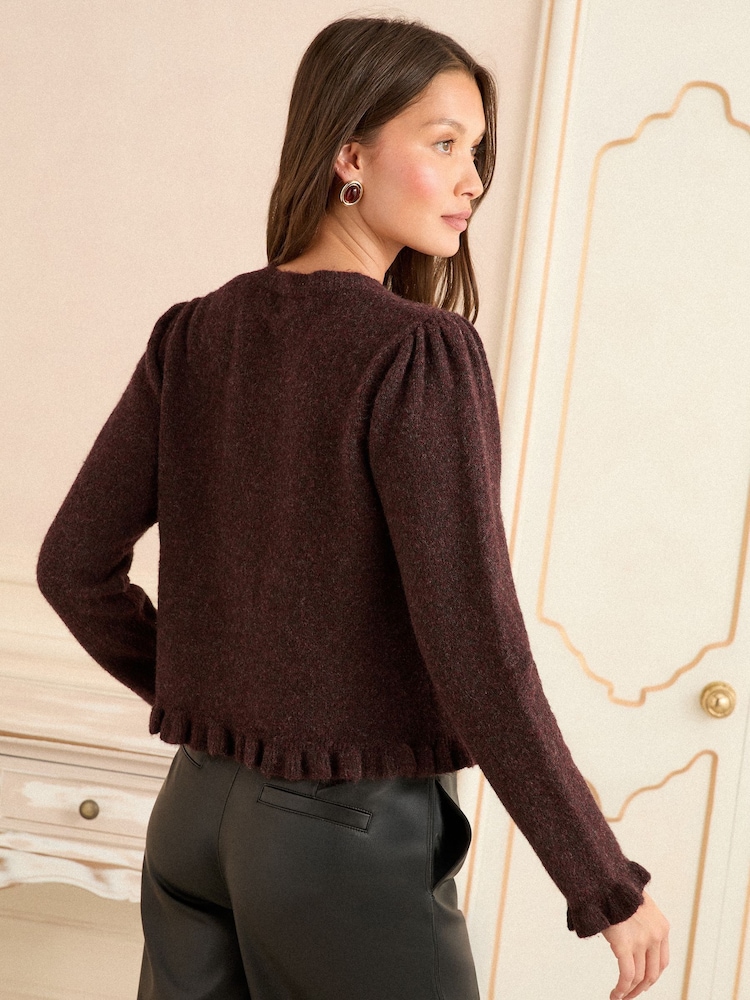 Love & Roses Chocolate Brown Frill Button Cardigan - Image 4 of 4