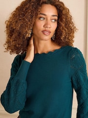 Love & Roses Teal Blue Bobble Stitch Scallop Knit Jumper - Image 2 of 4