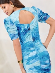 Lipsy Blue Floral Printed Ruched Short Sleeve Fit And Flare Dress - Image 3 of 5