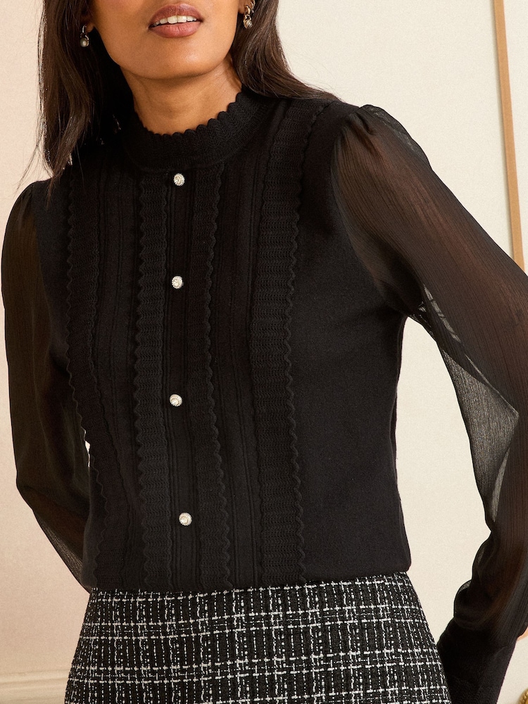 Love & Roses Black Funnel Neck Chiffon Sleeve Knitted Top - Image 2 of 4