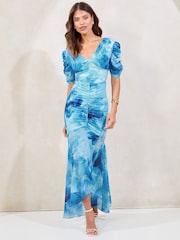 Lipsy Blue Petite Floral Printed Ruched Short Sleeve Fit And Flare Dress - Image 1 of 5