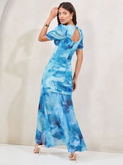 Lipsy Blue Petite Floral Printed Ruched Short Sleeve Fit And Flare Dress - Image 4 of 5