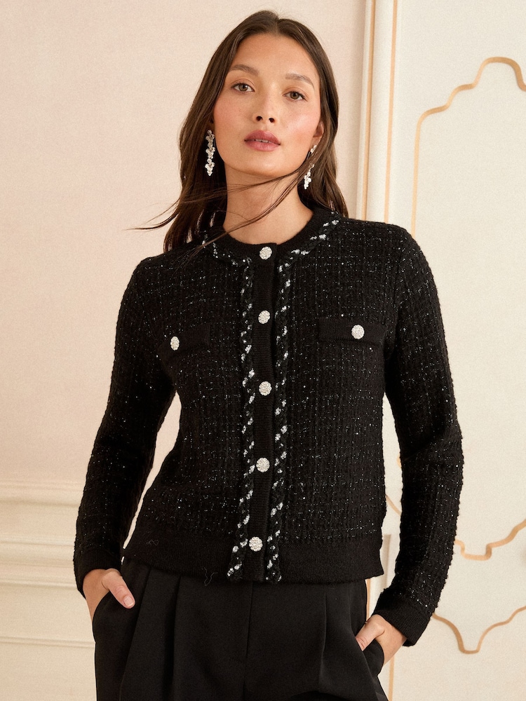 Love & Roses Black Lurex Embellished Button Kniited Jumper With Wool - Image 1 of 4